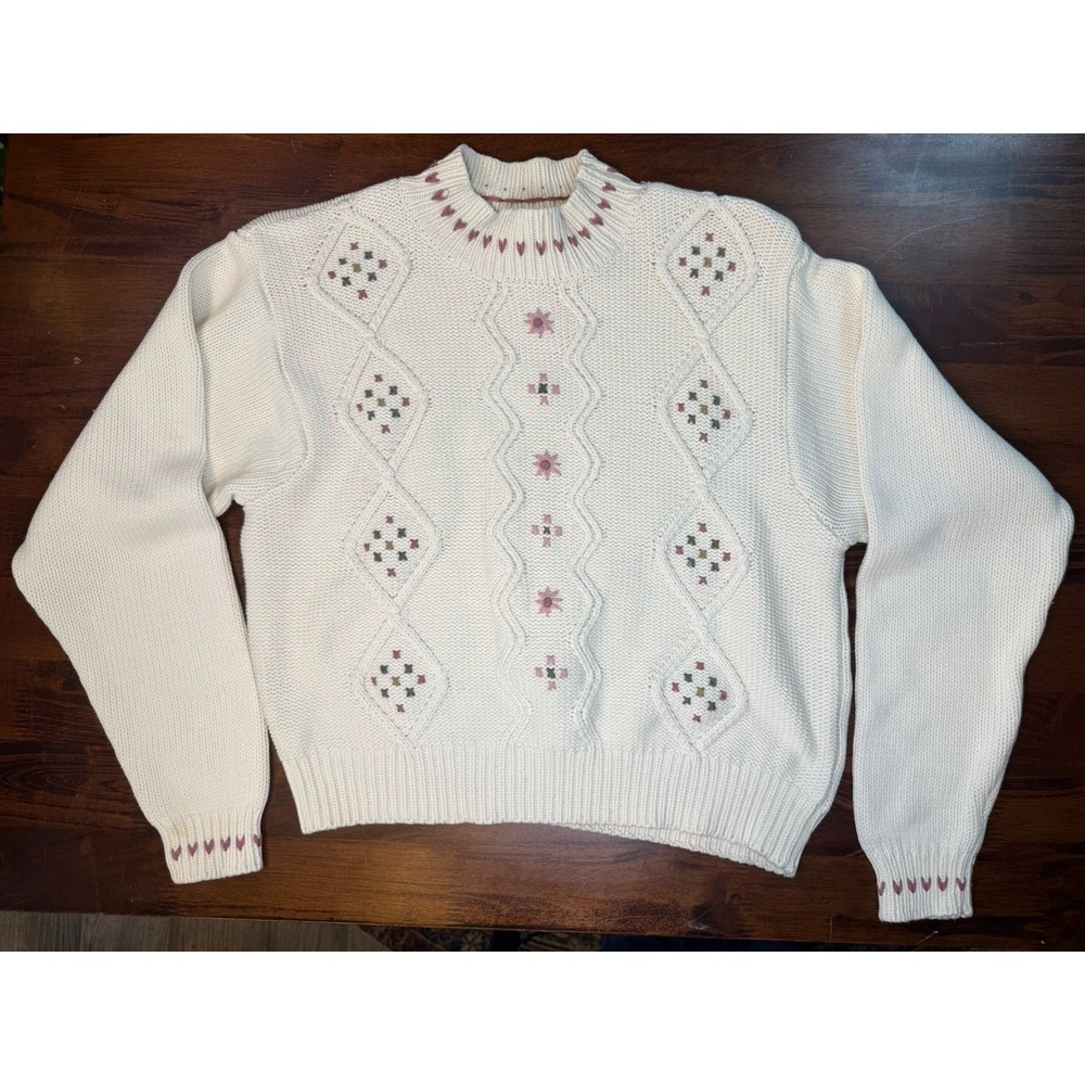 Vintage Liz Sport Sweater Womens L Cream Cottagecore Floral Knit 90s